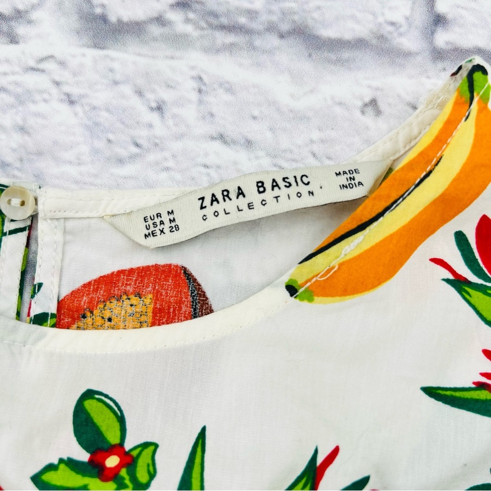 Zara White Cropped Blouse Tropical Fruit Print Medium Bell Sleeve Summer - Picture 2 of 8